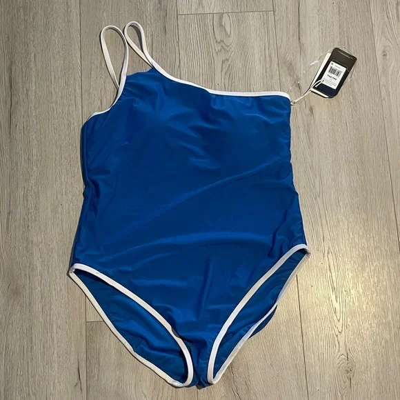 Reebok One-Shoulder One-Piece Swimsuit- Blue & White Bathing Suit - Picture 3 of 4
